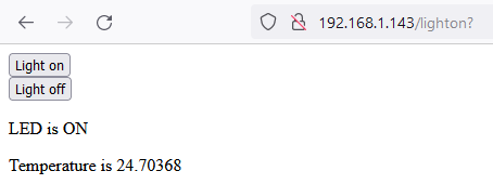 Screenshot from Chrome showing a webpage with two buttons for turning an LED on and off.